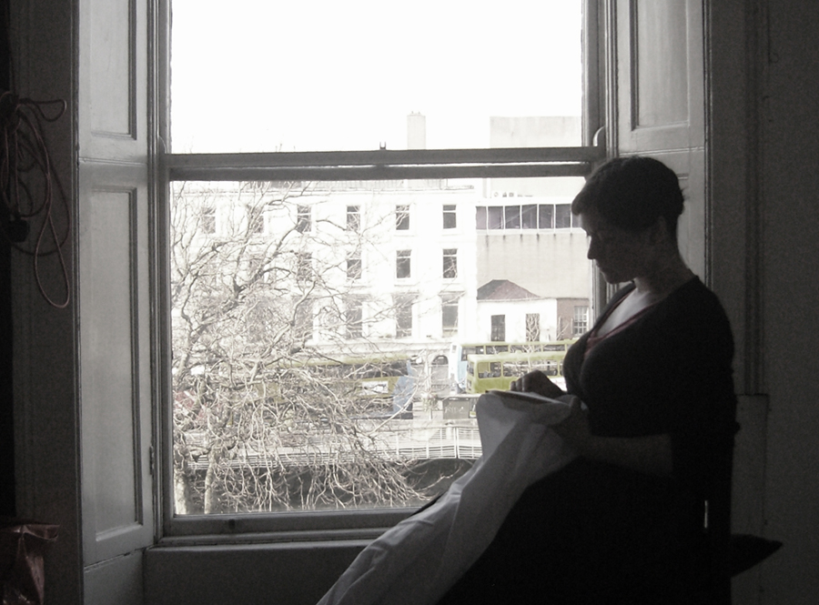 Image shown: Jennie Moran embroidering. Photo by Daniel Fitzpatrick
