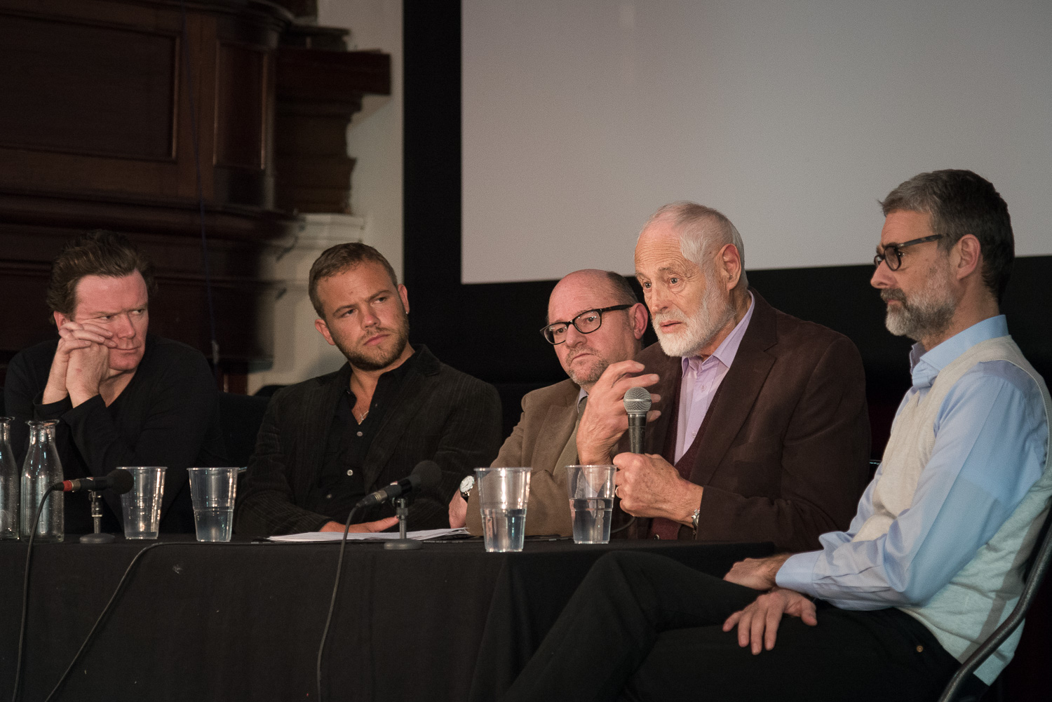 Image shown: Illuminate post-screening discussion. L to R: Terry McMahon (Director); Moe Dunford (Actor); Dr. Pat Bracken; Professor Ivor Browne; James Mullighan (Director CFF). Photo credit: Jed Niezgoda.